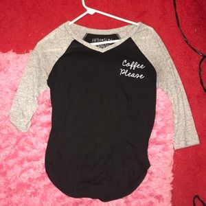 black “coffee please” shirt with grey sleeves